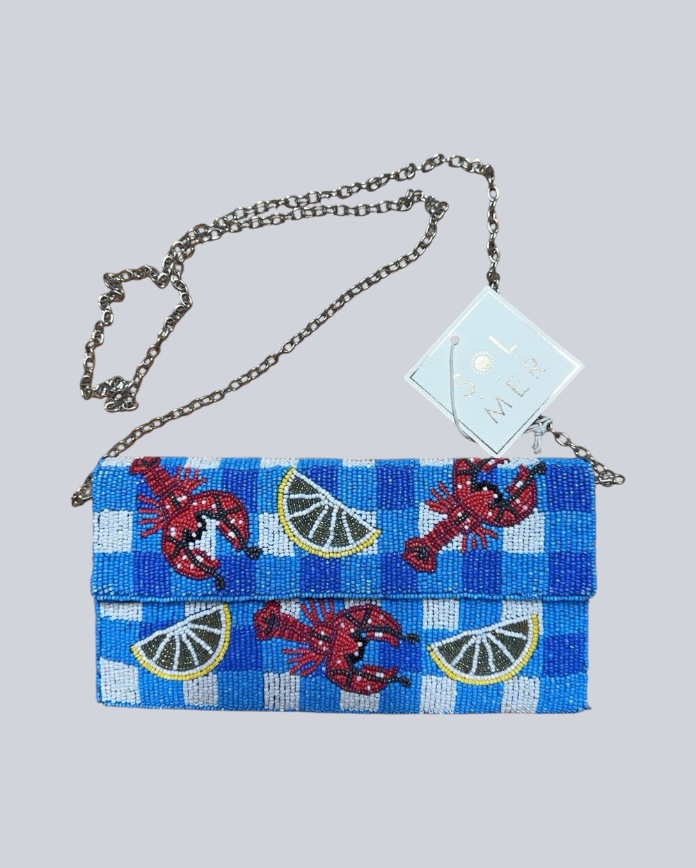 SOL AND MER Beaded Lobster Lemon Clutch Bag Blue Gingham Coastal Viral NWT